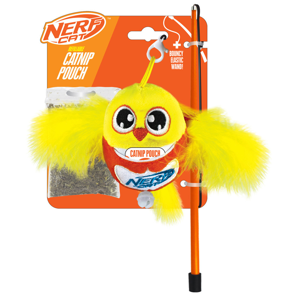 Hračka pro kočky plyšový ptáček s rolničkou a hůlkou 9 cm