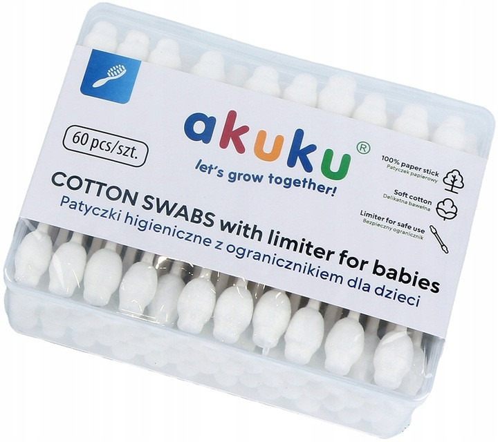 AKUKU Vatové tyčinky s omezovačem pro miminka - 60 ks