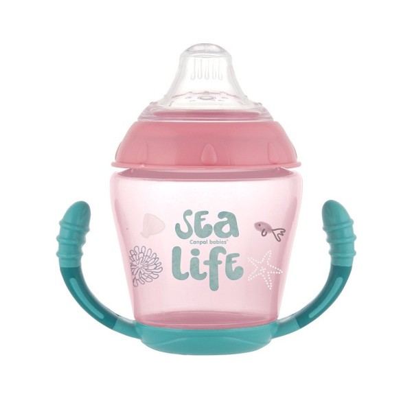CANPOL BABIES Nevylévací hrneček se silikonovým pítkem 230ml SEA LIFE - Růžový