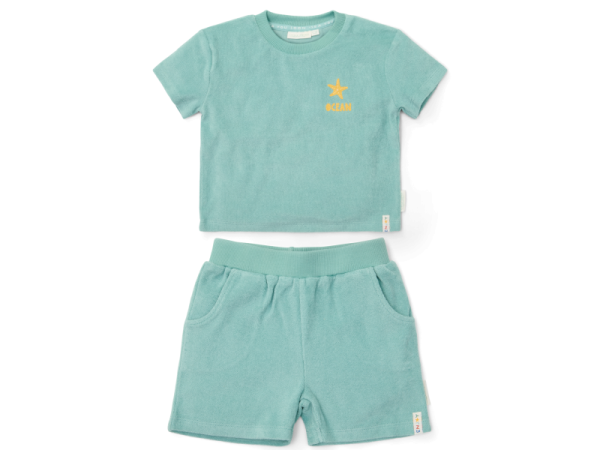 LITTLE DUTCH Tričko a kraťasy - Seashells / Stripes Surf Blue vel. 74/80