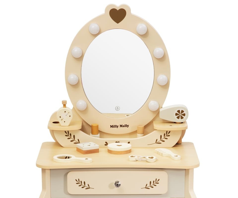 MILLY MALLY Velký dřevěný toaletní stolek pro děti s LED osvětlením a stoličkou Elly