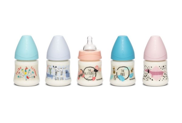 Suavinex LÁHEV Kulatá savička SILIKON 150 ml - MODRÝ PÁV