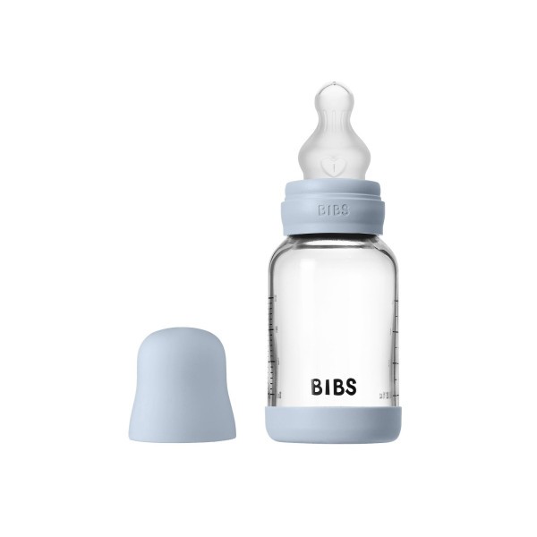 BIBS antikoliková skleněná lahev se silikonovou savičkou 120ml - Baby Blue