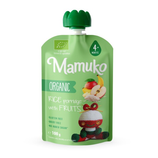 MAMUKO BIO rýže a ovocné pyré pro miminka od 4 měsíců, 100 g