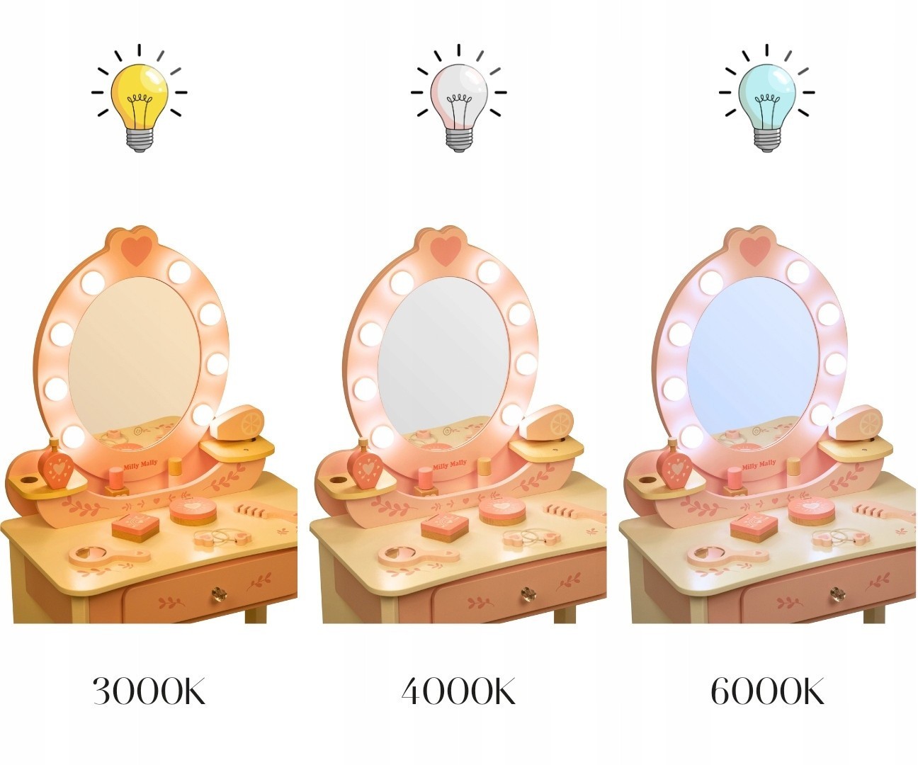 MILLY MALLY Velký dřevěný toaletní stolek pro děti s LED osvětlením a stoličkou Elly