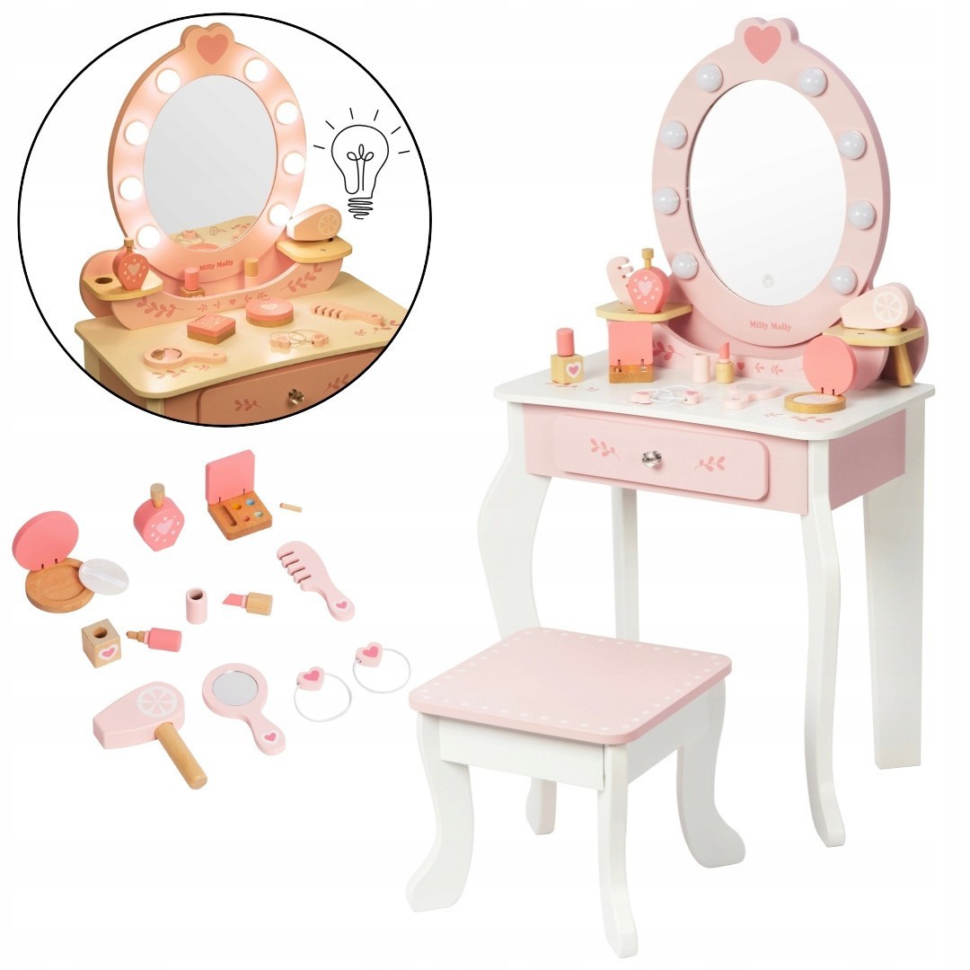 MILLY MALLY Velký dřevěný toaletní stolek pro děti s LED osvětlením a stoličkou Elly