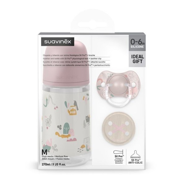 SUAVINEX Sada láhev 270ml + dudlík fyziologický 0/6m + klip Walk -  růžová