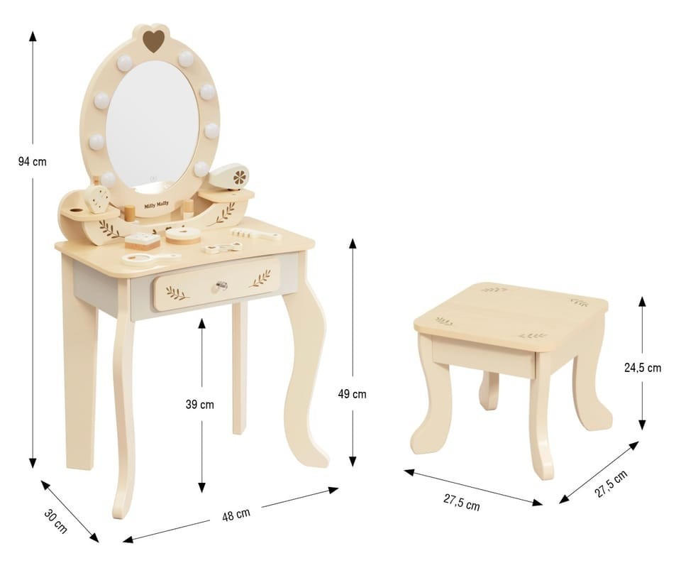 MILLY MALLY Velký dřevěný toaletní stolek pro děti s LED osvětlením a stoličkou Elly