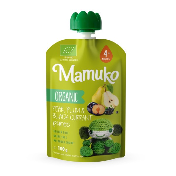 MAMUKO BIO hruška, černý rybíz a švestkové pyré pro miminka od 4 měsíců, 100 g