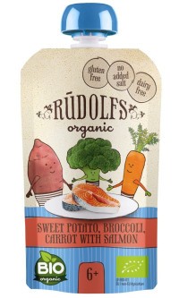 RUDOLFS BIO kapsička, Batáty, brokolice, mrkev s lososem 110 g