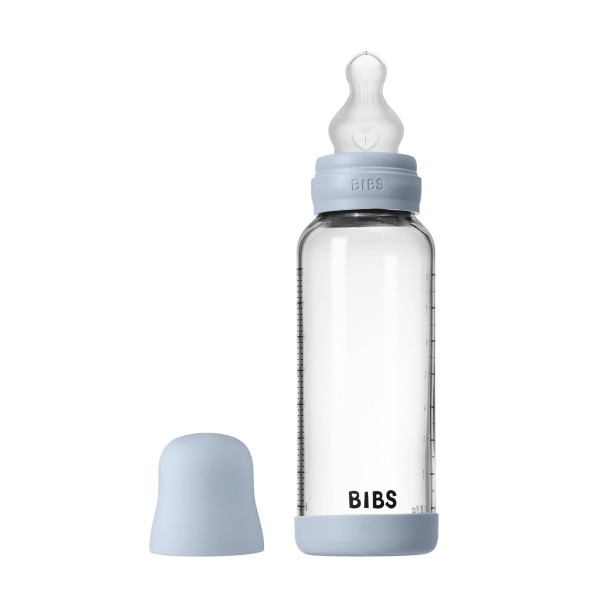 BIBS antikoliková skleněná lahev se silikonovým dudlíkem 240ml - Baby Blue