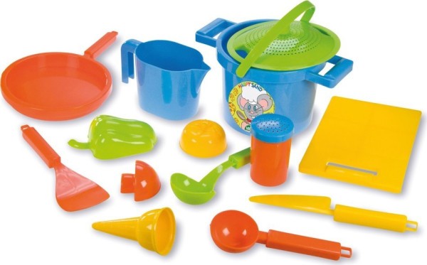 LENA Plastová sada k vaření na písek v síťce, 14 dílů - sada nádobí na písek 14 dílů