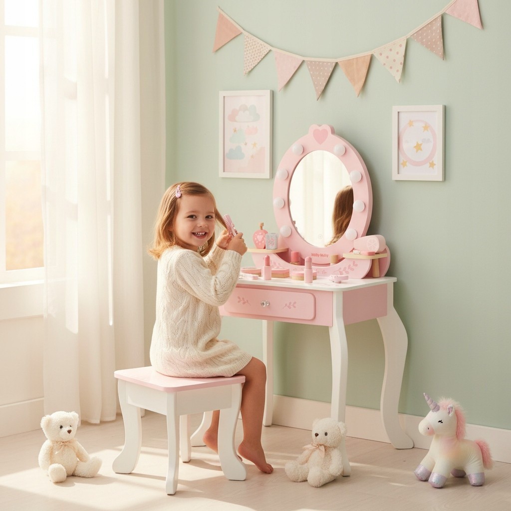 MILLY MALLY Velký dřevěný toaletní stolek pro děti s LED osvětlením a stoličkou Elly