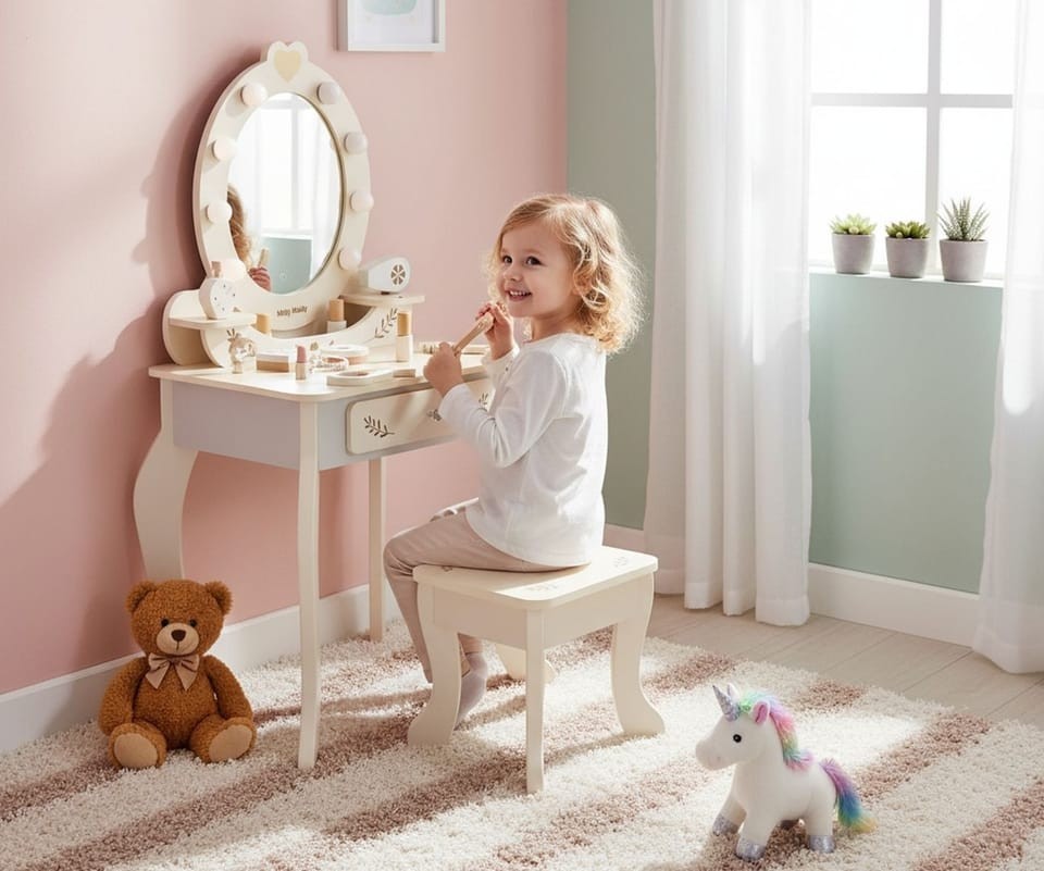 MILLY MALLY Velký dřevěný toaletní stolek pro děti s LED osvětlením a stoličkou Elly