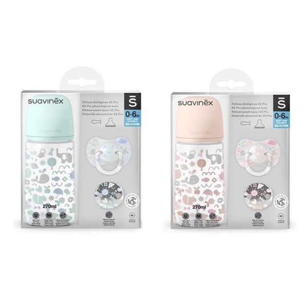 SUAVINEX | SADA LÁHEV 270ml + dudlík fyziologický 0/6m + klip MEMORIES - modrý