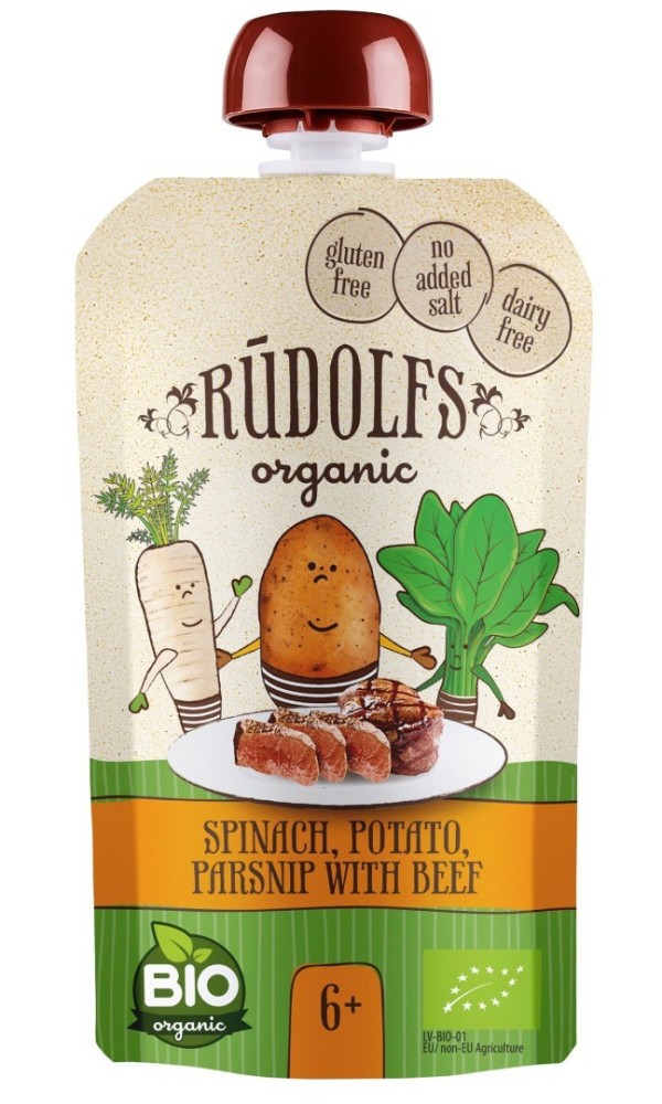 RUDOLFS BIO kapsička Špenát, brambory, pastynák s hovězím masem 110 g - kapsička Špenát, brambory, pastynák s hovězím masem 110 g