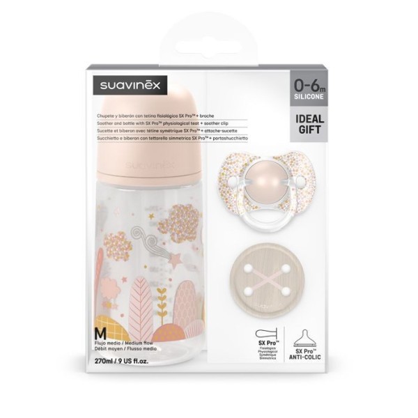 SUAVINEX Sada láhev 270ml + dudlík fyziologický 0/6m + klip Dreams - růžová